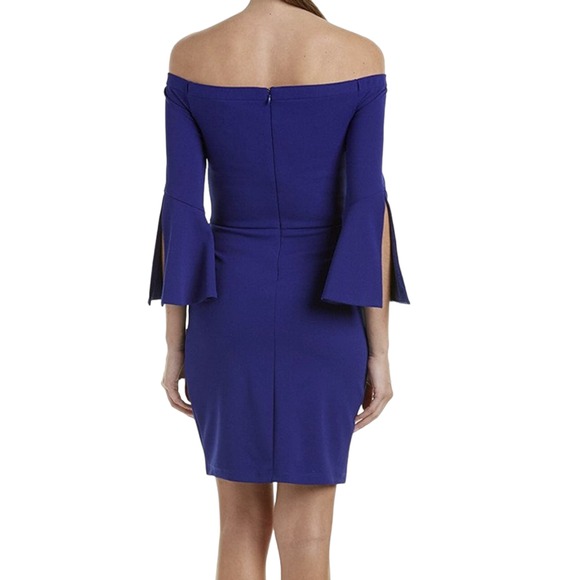 ABS Allen‎ Schwartz Off-Shoulder Capri Blue Cocktail Dress Bell Sleeves 12 - Picture 3 of 16